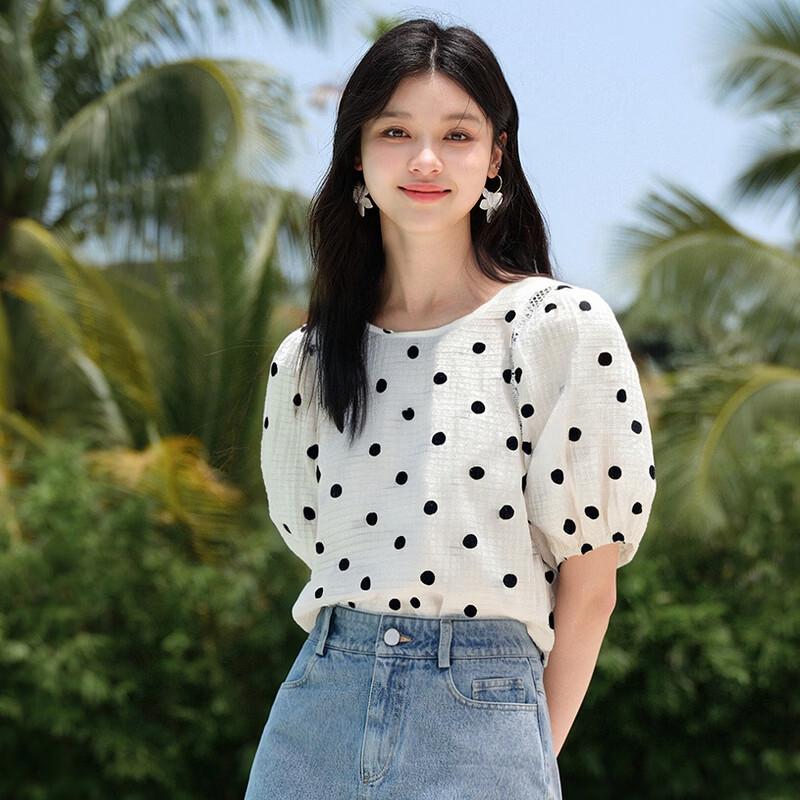 Elegant Polka Dot Round Neck Short Sleeve Blouse