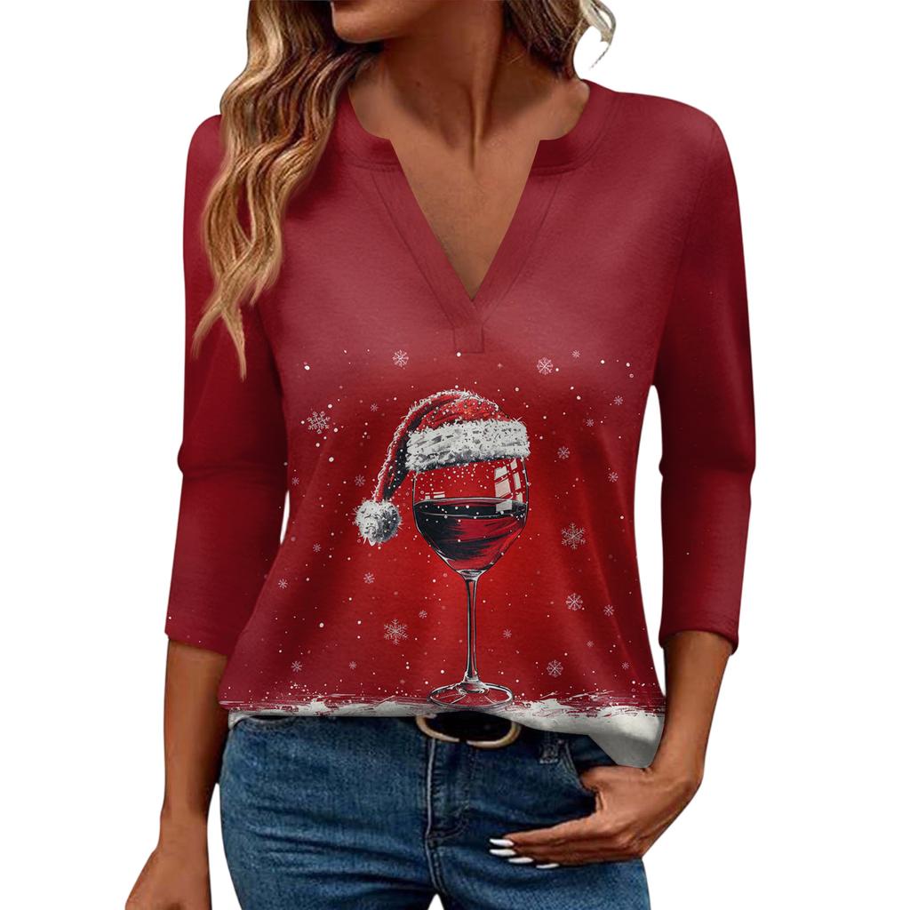 Women's Casual Fashionable Sexy Comfortable V-Neck Christmas Three-Quarter Sleeve Top