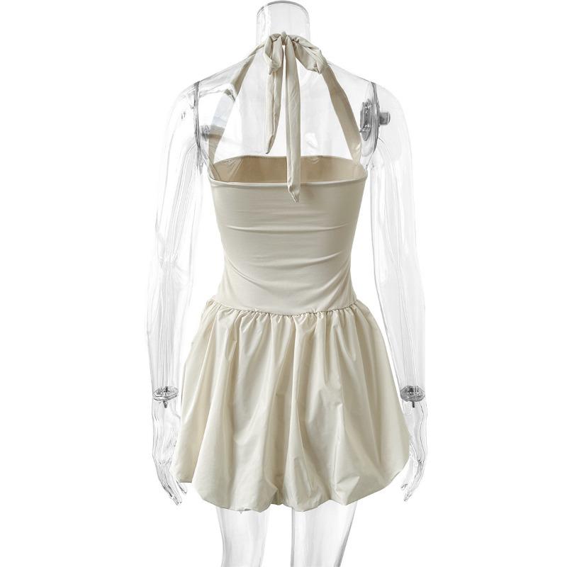 Women's Summer Pleated Backless Sexy Lace Up One Line Neck Princess Dress