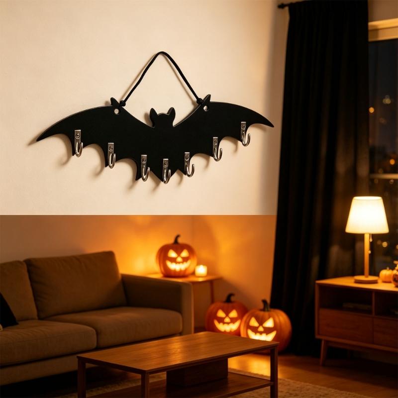 Wooden Bat Key Rack with Five Metal Hangers, Wall Mounted Storage for Entryway Keys, Bedroom Display, and Living Room Wall Use Today