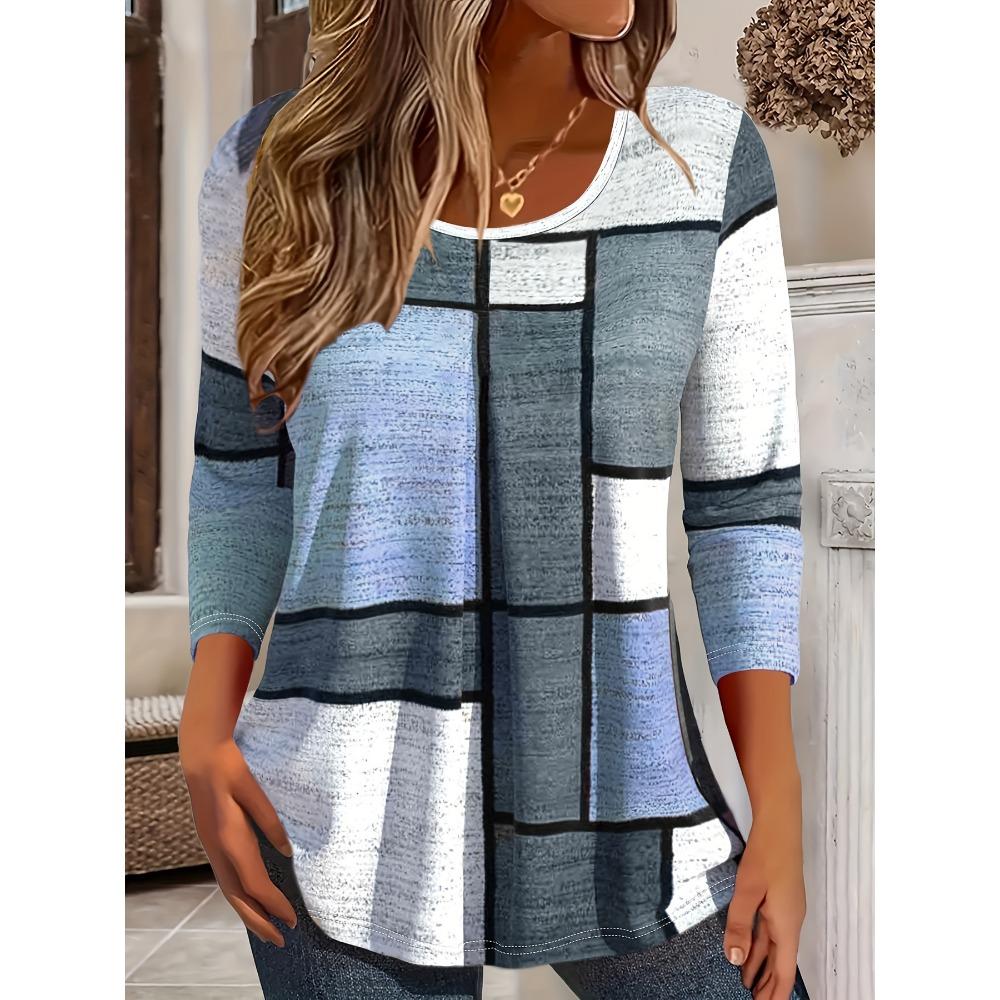 Women's Color Blocked Long Sleeved T-shirt Casual Loose Geometric Printed Top