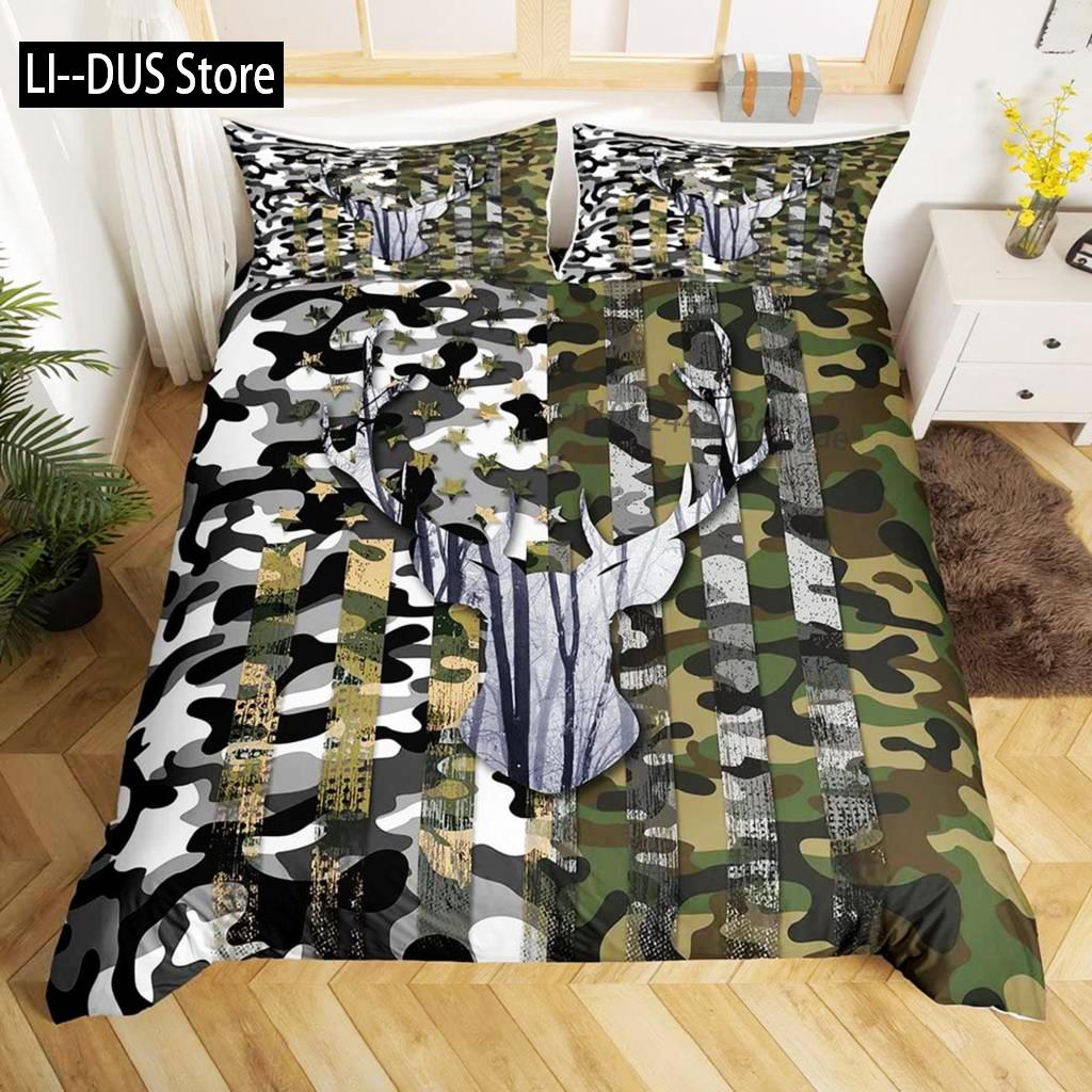 Kamo Jelen Povlečení Set Parohy Šíp Vzor Ložní Set Pruhy Mřížka Kamufláž Přikrývka Mikrovlákno King Přikrývka