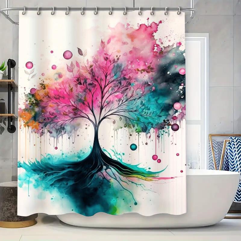

Vibrant Watercolor Shower Curtain Pink Blue Leaves Tree Design For Bathroom Decor W60H190(CM)-1 Pcs