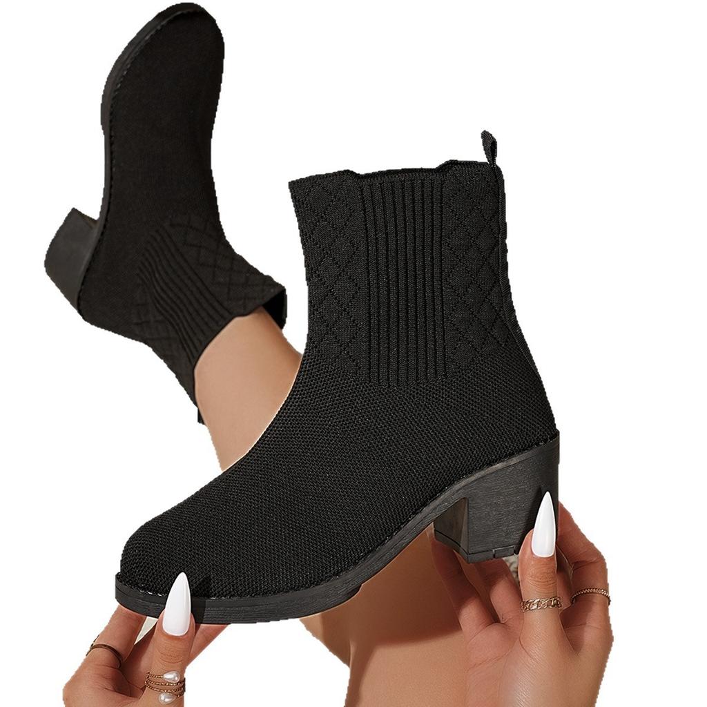 , Verkäufer Damen Gestrickte Dehnbare Stiefel mit Dickem Absatz , Herbst Stoffsocken Niedriger Absatz Stiefeletten Freizeit Atmungsaktiv Kurze Stiefel