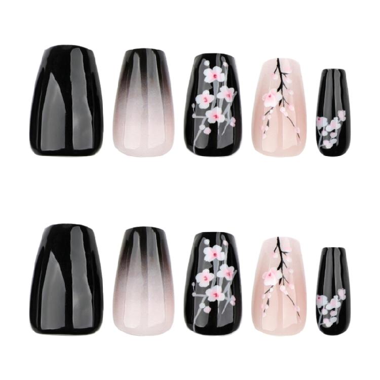 24pcs Fall Flower Press on Nail Coffin Designs Artificial Nail Floral False Nail  Elegant Full Cover Acrylic Nail