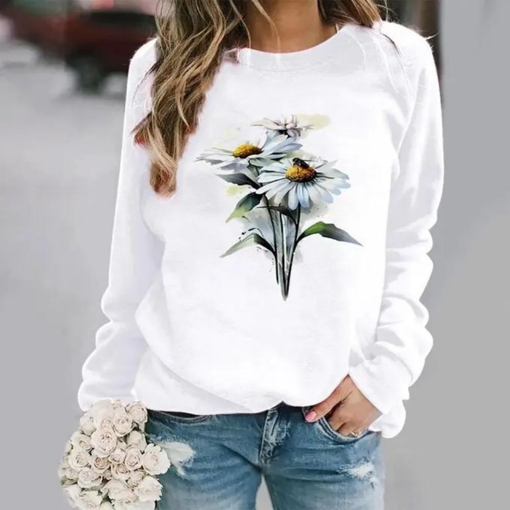 Casual Retro Long Sleeve Sweatshirt 3D Digital Print Round Neck Women's Fashion Polyester Fiber Full Length Cotton Blend