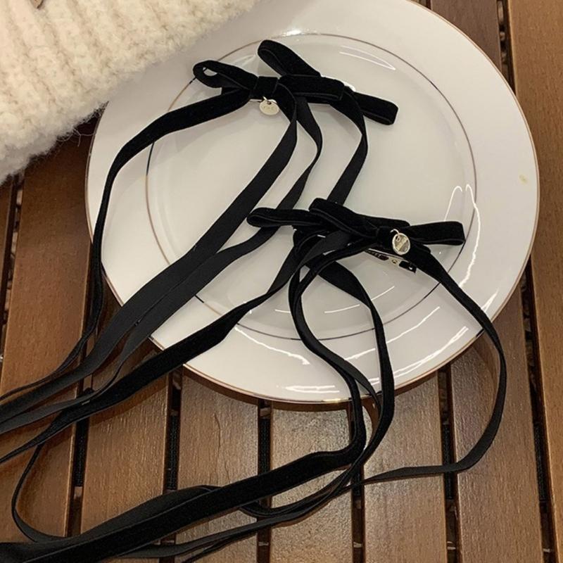 Vintage Long Ribbon Velvets Bowknot Hairband Side Clip Elegant Hairpins Fashion Hair Accessories Jewelry for Women Girls