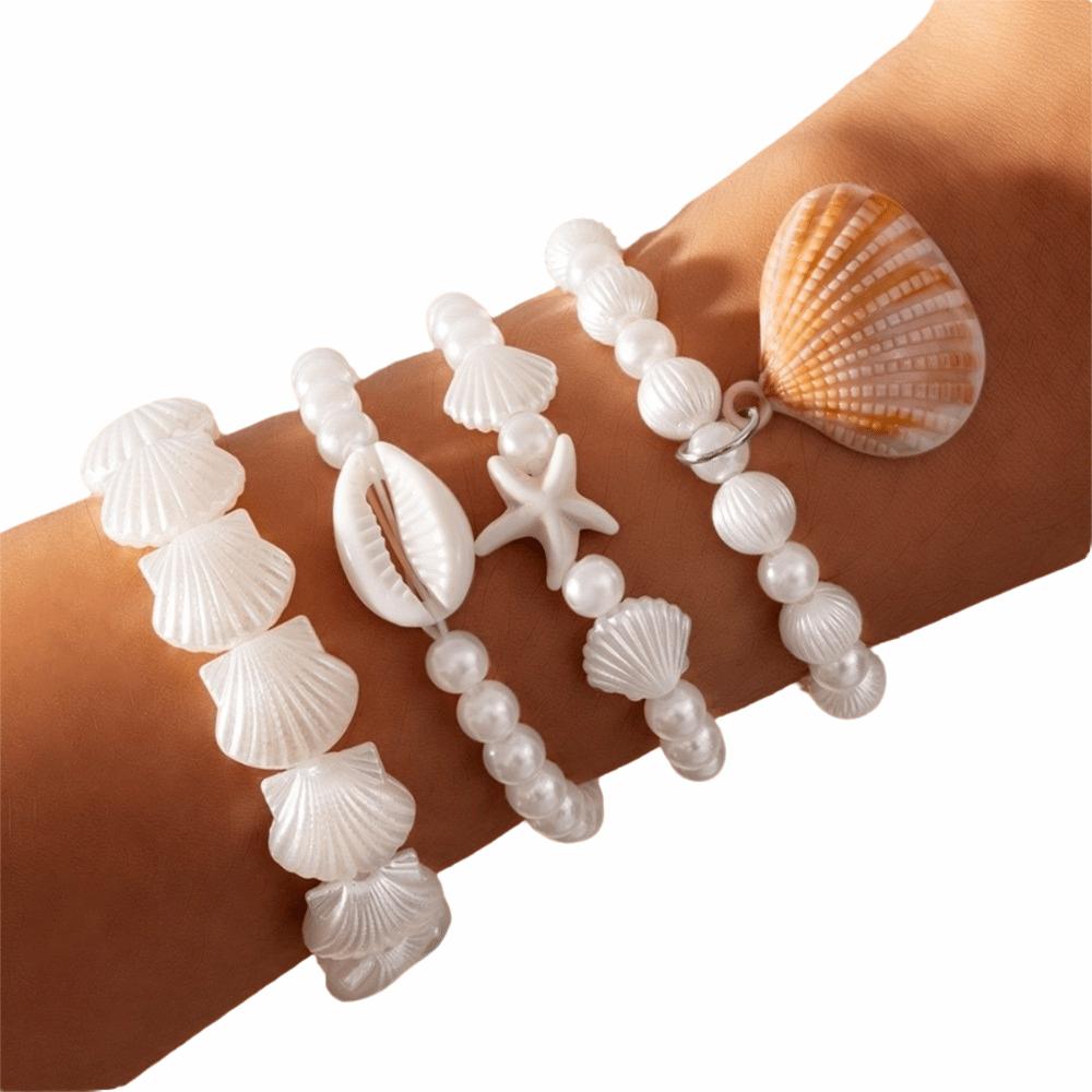 4Pcs/Set Multilayer Conch Beaded Bangles Imitation Pearl Wrap Charm Hand Chain Beach