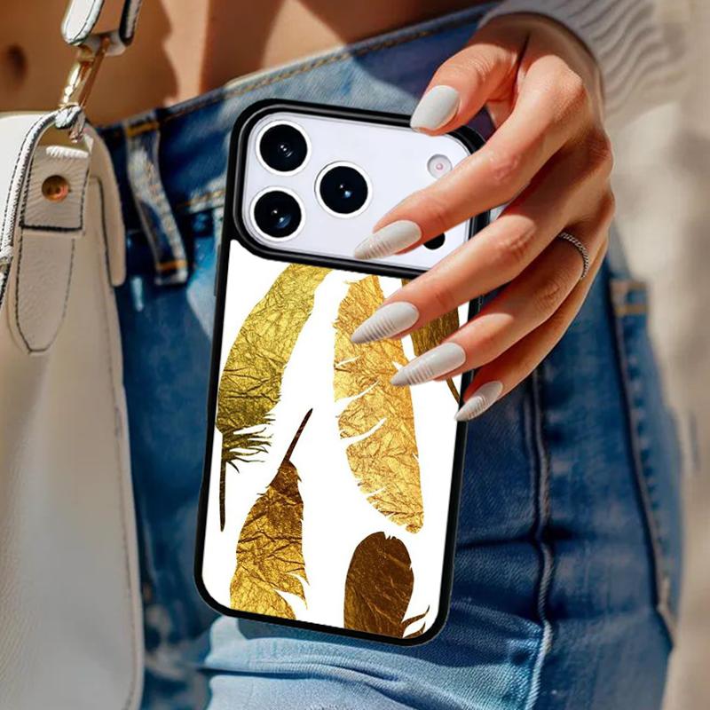 Feather Gold Foil Art Phone Case For iPhone 17 Air 14 15 13 12 Max Cover For Apple 14 15 16 16e 11 Pro Max Plus Coque