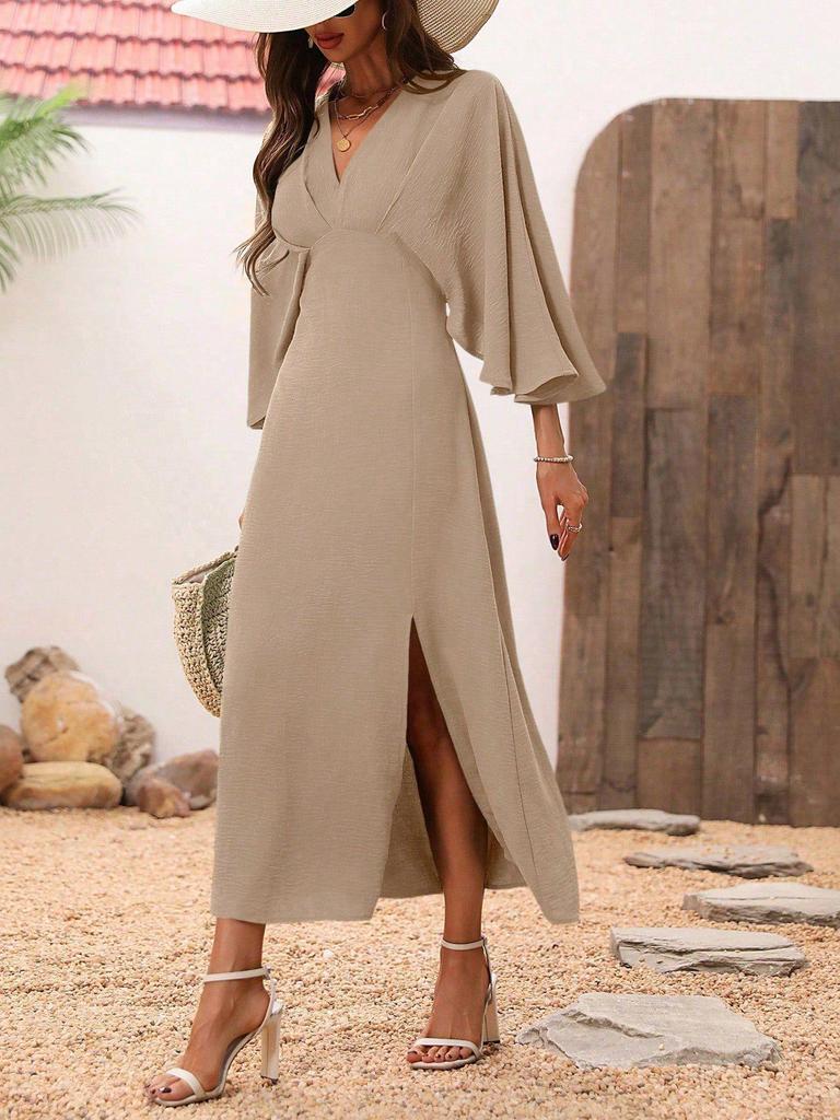 Women's Summer V-Neck Long Dress with Slit and Mid-Length Sleeves