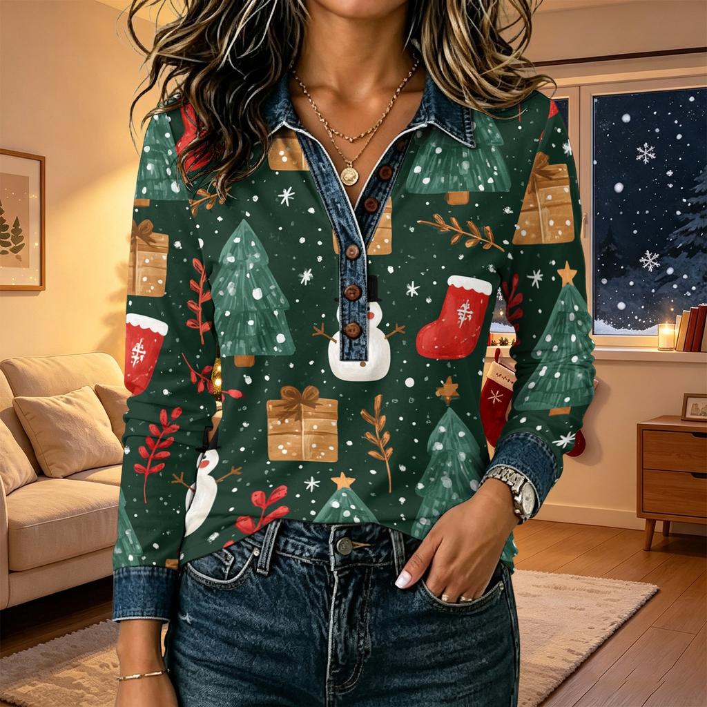 Women's Christmas Print Long Sleeve Top - Casual Loose Fit Patchwork Shirt with Shoulder