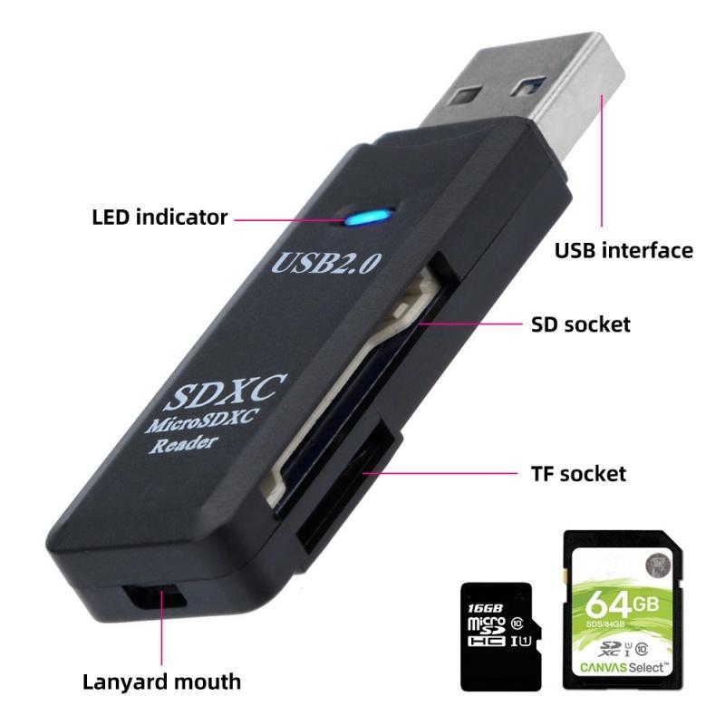 2.0 Card Reader 2 IN 1 Card Reader for PC Micro SD TF Card Memory Reader Multi-card Writer Adapter Flash Drive Laptop Accessories AVE