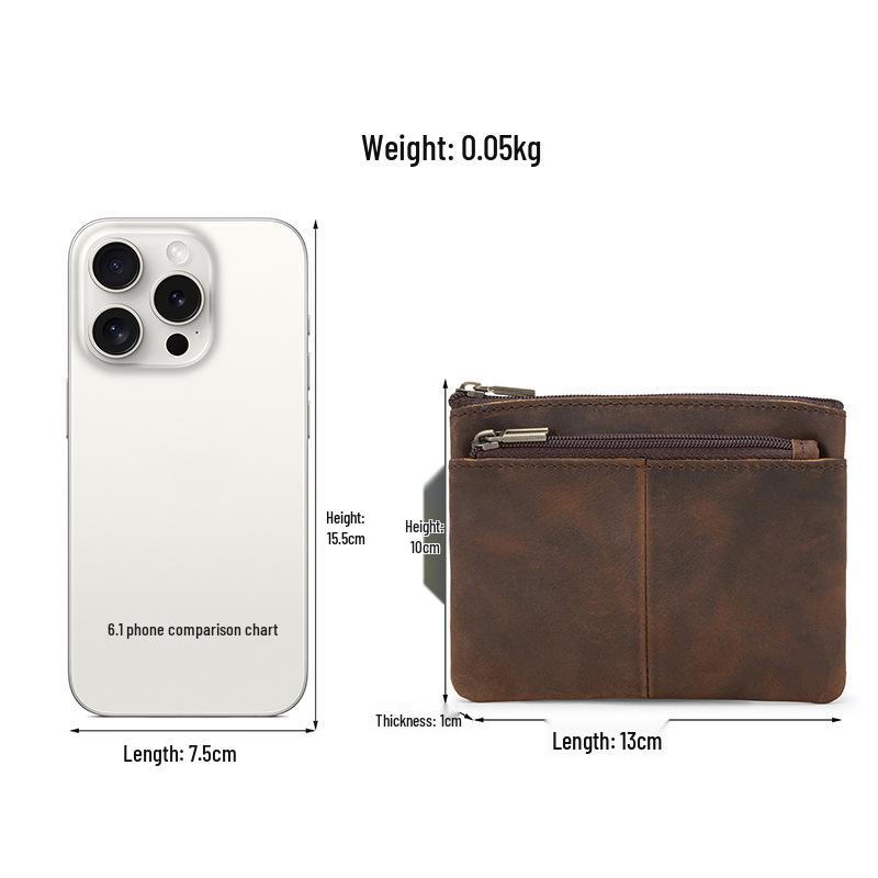 Vintage Cowhide Mini Coin Purse with Zipper - Slim, Stylish Coin Storage Bag with Pendant