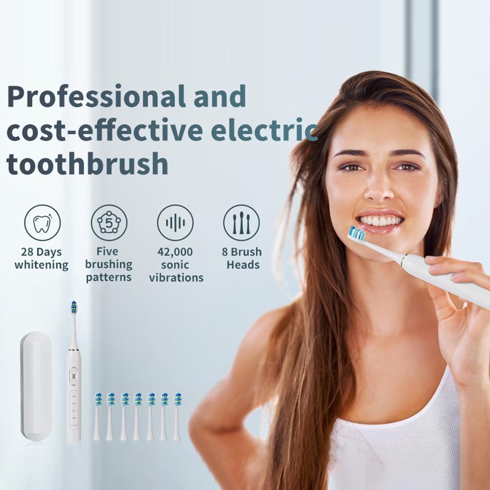 

T13 IPX7 Waterproof Soft Bristles Rechargeable Sonic Electric Toothbrush for Adults with 8 Brush Heads Black