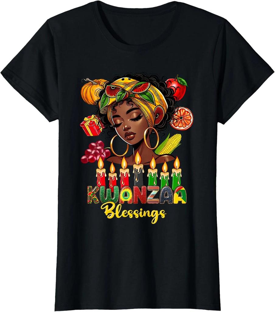 Kwanzaa Blessings Afro American Celebration Ladies' Crewneck 100% Cotton T-shirt Mens Tees Top