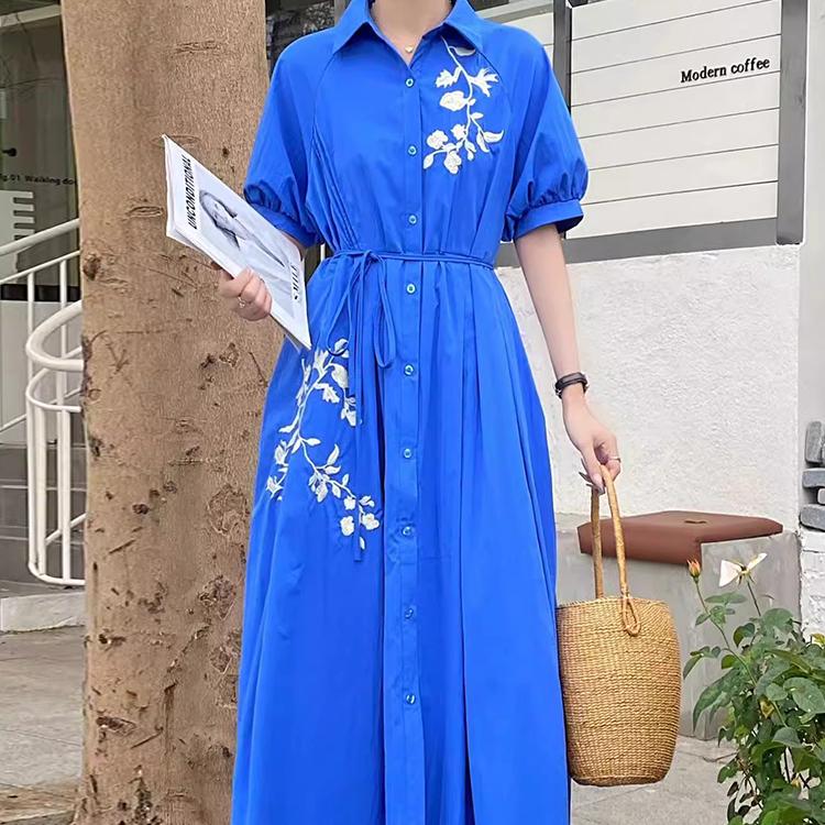 

Винтажное свободное жаккардовое платье трапециевидной формы на шнуровке с вышивкой, женское элегантное плиссированное платье с одной грудью с лацканами, новинка One Size синий