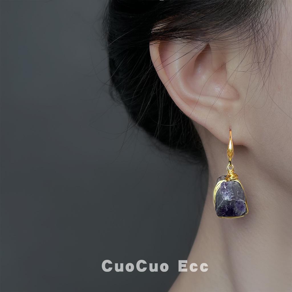 Amethyst natural stone gravel cool feeling new Guochao new Chinese handmade earrings earrings