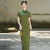 Green black national style Chinese long cheongsam improved young 1011 new women's retro short-sleeved catwalk summer