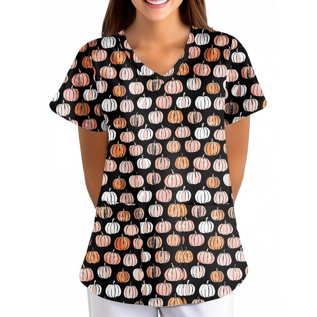 Women's Halloween Printed Loose V-Neck Pocket Short SleevUniform Uniform