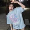 Light Soft Cream Blue Cute Bear Print T-shirt Top Women's Medium and Long Summer New Products Sweet and Cool Trend