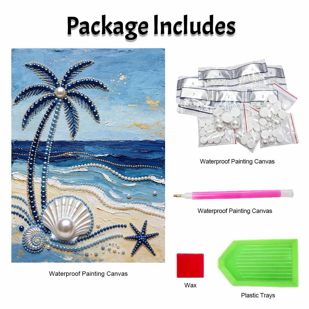 Frameless Pearl Painting DIY Kit Ocean Beach Palm Tree Seashell Starfish 3D Sparkling Bead Canvas Relaxing Creative Craft for Art Lovers