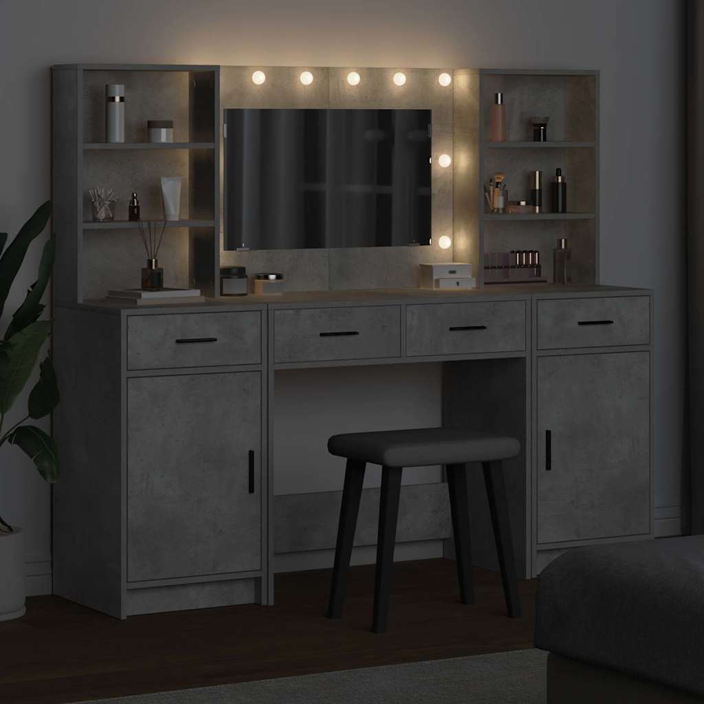 Schminktisch-Set mit LED-Spiegel und Schrank 3 Teile Betongrau Holzwerkstoff