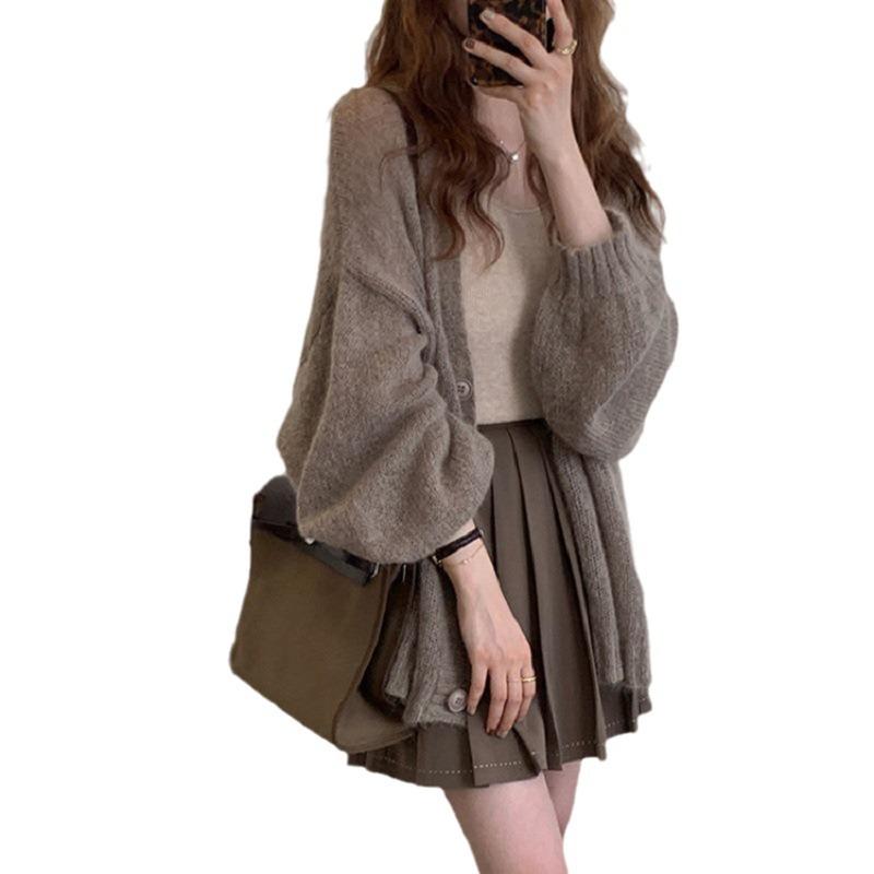 Popular lantern sleeve jacket women's spring and autumn shirt loose lazy solid color mohair sweater women's thin