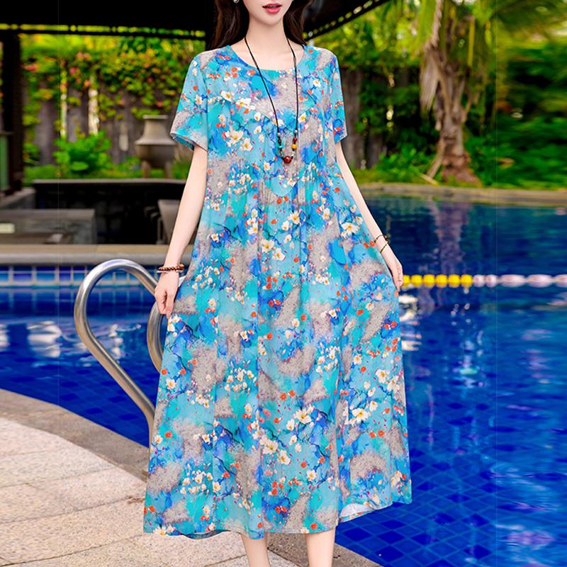 Plus Size Elegant Women's Summer Dress Vintage Clothes Short Sleeve Loose Long Dresses