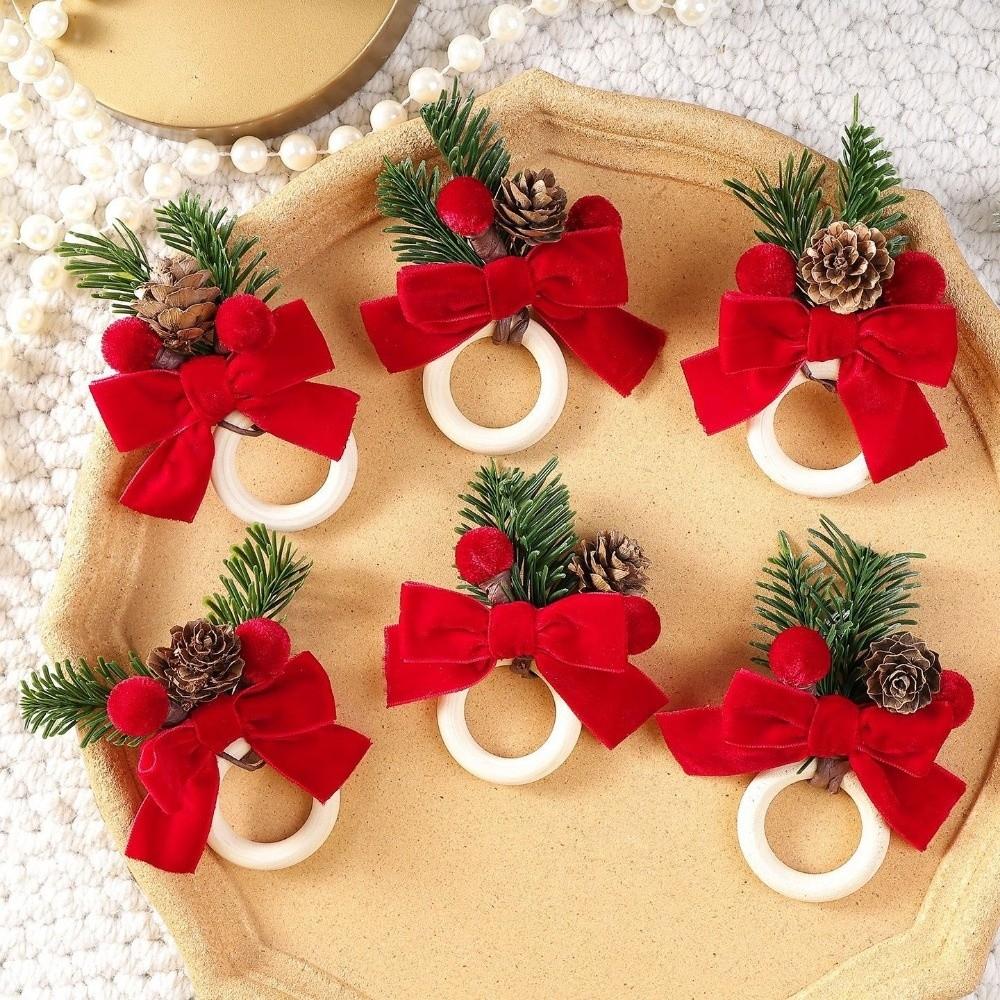 6PCS Pinecone Red Bow Napkin Rings Artificial Berry Napkin Holders Holiday Dinner Party