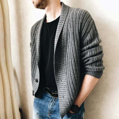 Men Sweater Cardigan Lapel Slim Leisure Single Breasted Solid Color Casual Cardigan for