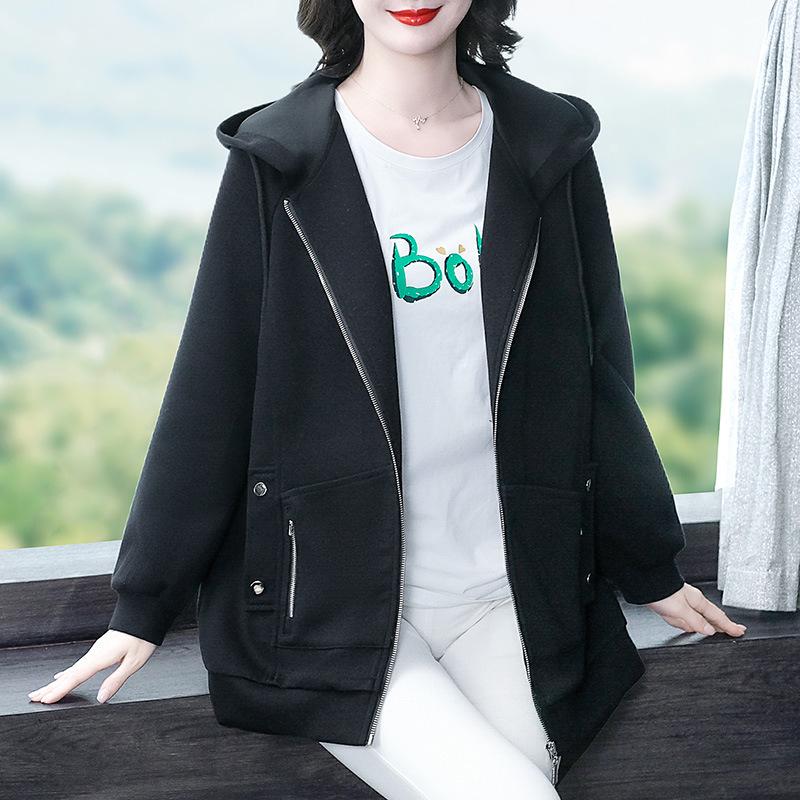 

Весна 2025 Толстовка с капюшоном большого размера с открытыми рукавами: Универсальный повседневный топ для женщин среднего возраста 2XL for 140-160 jin чёрный