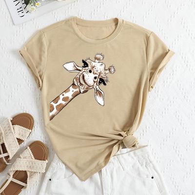 Summer Women's Plus Size Giraffe Print Loose Round Neck Casual Pure Cotton Short Sleeved T-shirts Women's