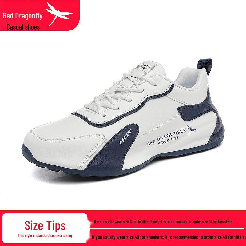 Red Dragonfly Men's Waterproof Leather Sneakers with Mesh Upper, Thick Rubber Sole, and Height Boost for Spring/Autumn Travel