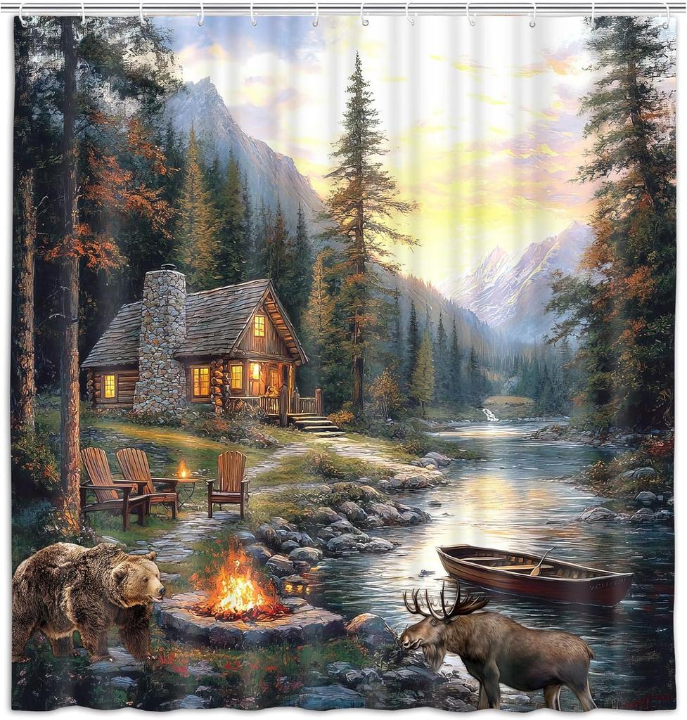 Rustic Cabin Lodge Shower Curtain With Bear Moose, Camo River Lake Woodland Wildlife Bath Curtain Hunting Camp Country Forest