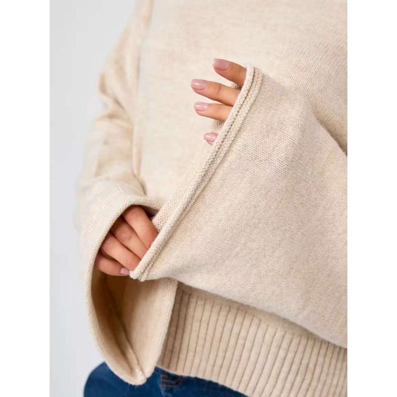 Autumn Winter High Collar Solid Simple All-match Sweater Ladies Flare Sleeve Fashion All-match Knitting Pullover Top