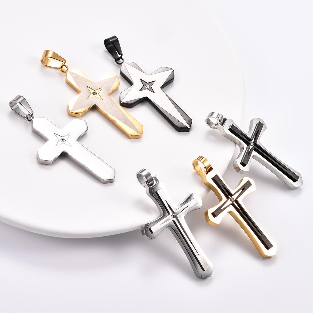 Stylish Stainless Steel Double Cross Pendant Necklace for Women Men Religious Faith Prayer Charms Chain Metal Jewelry Accessory