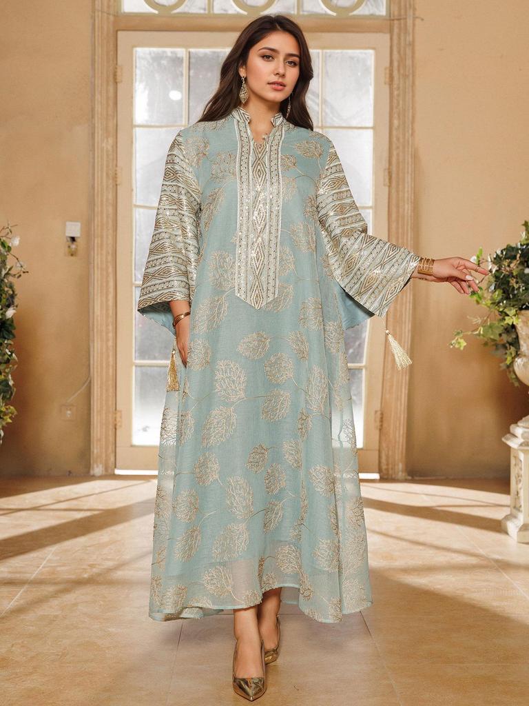 Spring/Summer Tassel Leaf Embroidered Muslim Long Dress - Elegant & Fashionable Cover-up Robe