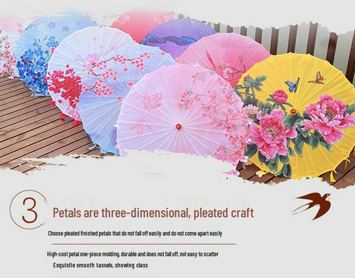 Vintage Petal Tassel Women's Silk Hanfu Dance Umbrella - Classical Oil Paper Runway Prop