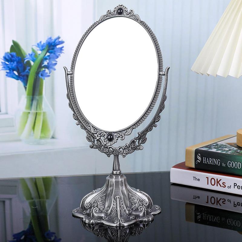 Double-sided Vintage Makeup Mirror Rotatable European Desktop Mirror Oval Makeup Mirror Bedroom Living-Room Dresser Decoration