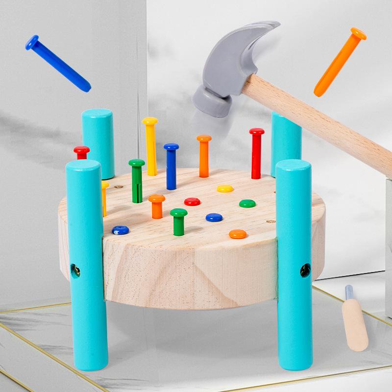 Bai Fen Bai Dolls And Toys Wooden Montessori Children's Early Education Nail Table, Concentration Training Kindergarten Knocking Table, Hand-Eye Coordination, Educational Toys