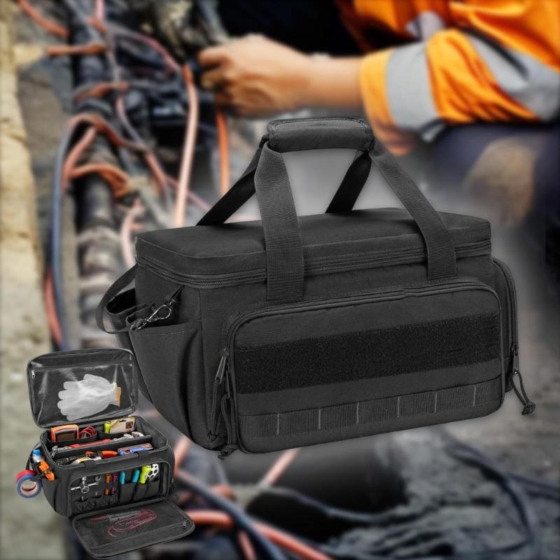 Tear Resistant Multiple Pocket Polyester Tool Organizer Multifunctional Electrician Tool Storage Bag with Side Lanyard