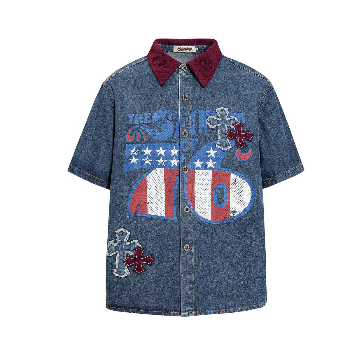 American trendy shirt patch embroidered cross retro washed denim shirt short sleeve M