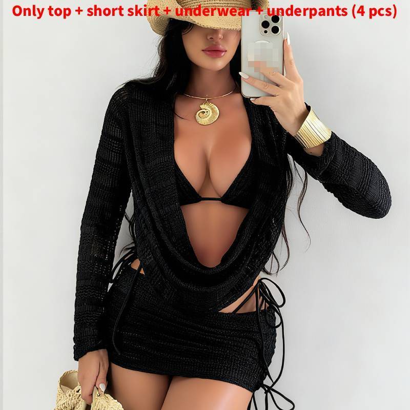 Womens Swimwear Set With Sheer Mesh Long Sleeve Coverup Bikini 4piece For Beach Relaxation