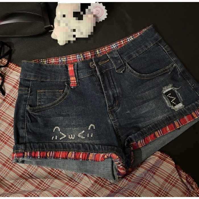 

Retro Lolita Rhinestone Plaid Denim Low-Rise Hotpants - Slimming Sexy Style for Women Large