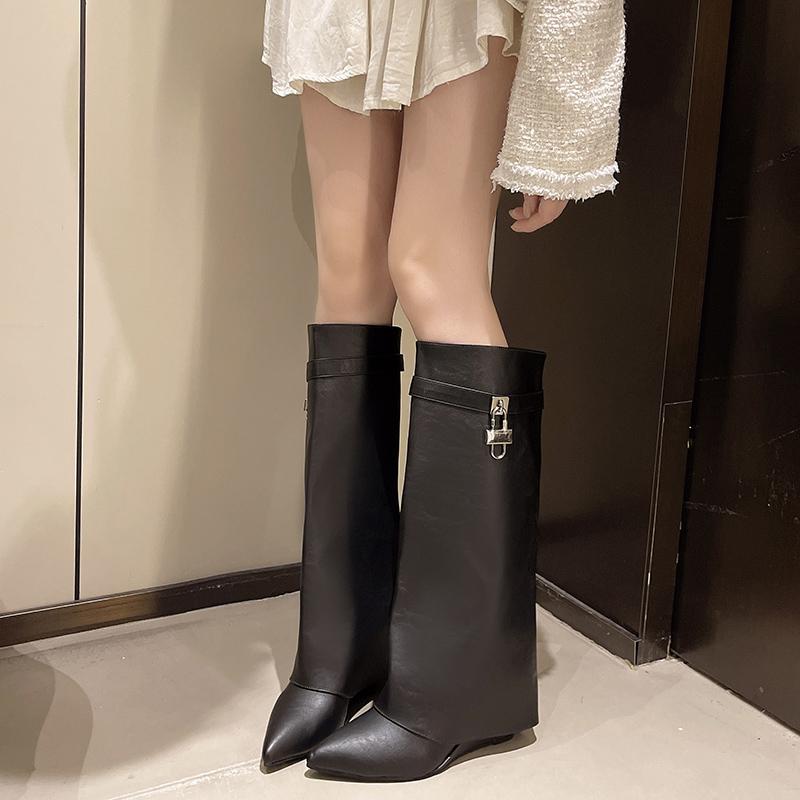 Fashion 2025 New High Quality Metal Decor Wedge Heel Knee High Boots Women Autumn Winter Fashion Pants Boots Woman Leather Long Boots