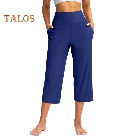 Women Yoga Pants Elastic High Waist Loose Leg Cropped Trousers with Pockets Sporty Casual Style Pants