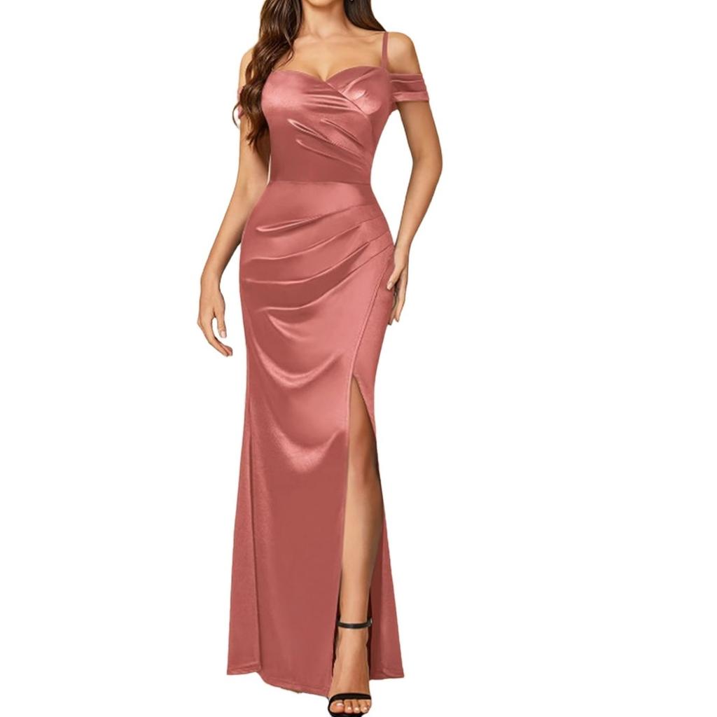 Women's Spaghetti Strap Off-Shoulder Evening Dress with Side Slit