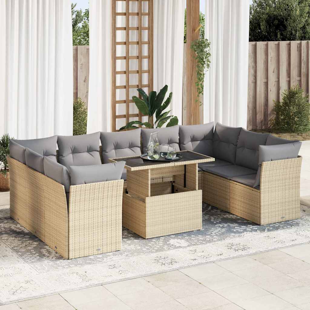 Vidaxl 10-Cz. Garden Furniture Set With Cushions, Beige, Poly Rattan