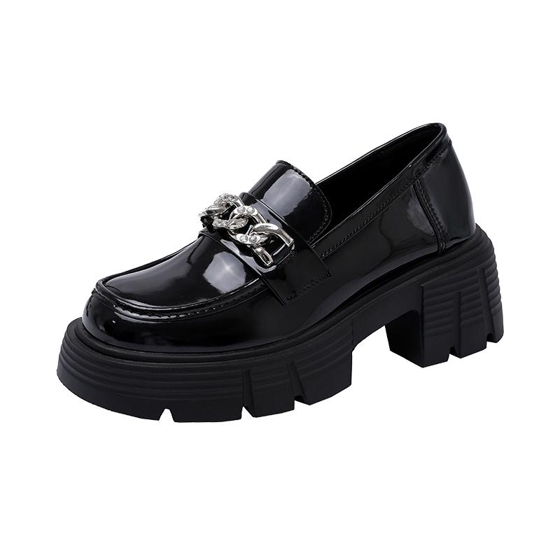 Metal Chain Loafers Autumn New Round Toe Deep Mouth Platform Sole Non-slip Wear-resistant Single Shoes
