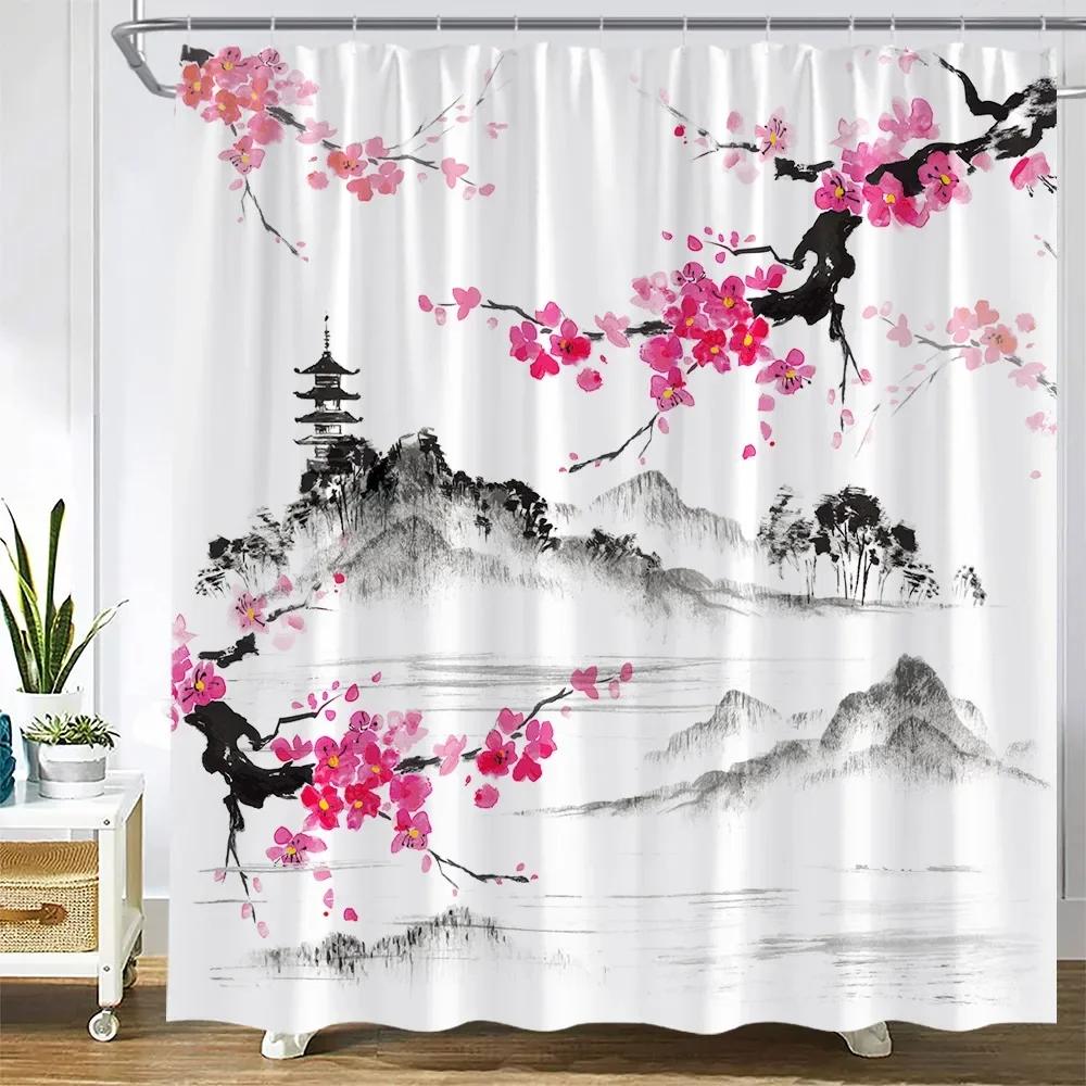 Ink Landscape Shower Curtains Red Flowers Plants Peacocks Birds Mountain Pavilion Chinese Style Art Fabric Bathroom Decor Sets